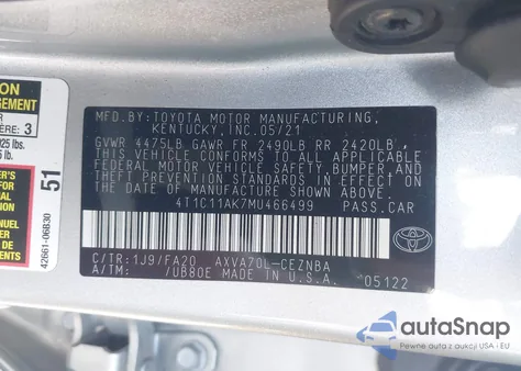2021 Toyota Camry Le from USA, damaged, VIN 4T1C11AK7MU466499
